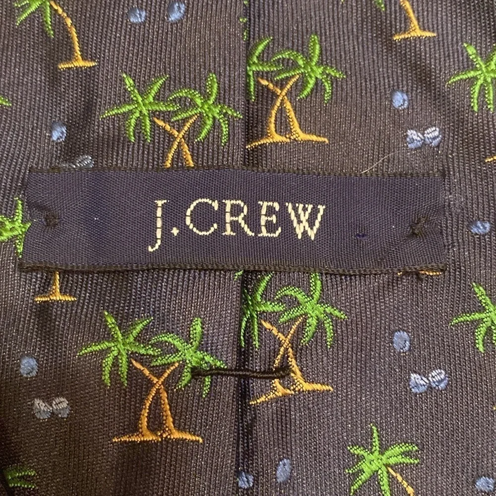 J Crew 100% Silk USA Made Tie Navy Blue Green Palm Trees